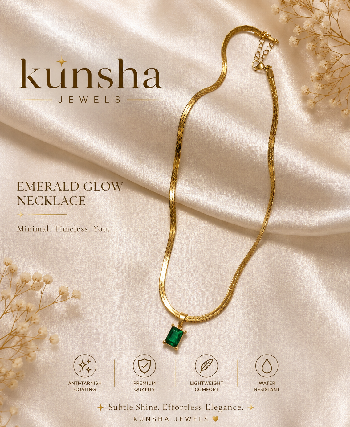 Emerald Luxe Snake Chain Necklace for Women | Anti Tarnish Water Resistant Pendant Necklace | Kunsha Jewels