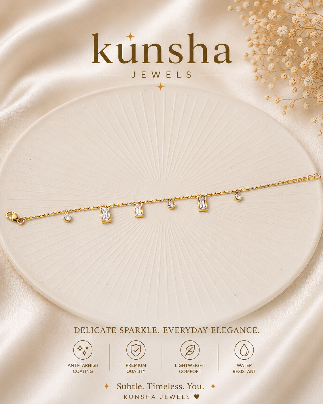 Minimal Crystal Bracelet for Women | Anti Tarnish Lightweight Stackable Bracelet | Kunsha Jewels